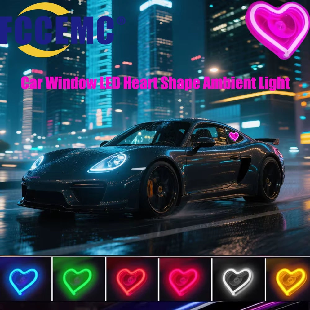 LED Car Interior Ambient Lighting with Remote Control - USB-Operated Heart-Shaped Neon Mood Lamp