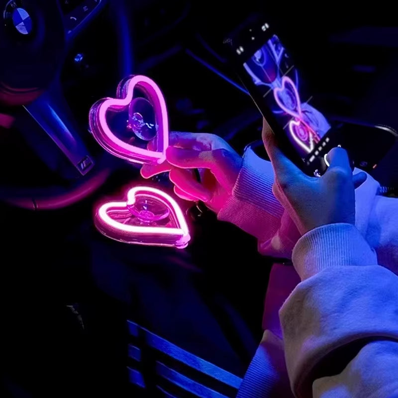 LED Car Interior Ambient Lighting with Remote Control - USB-Operated Heart-Shaped Neon Mood Lamp