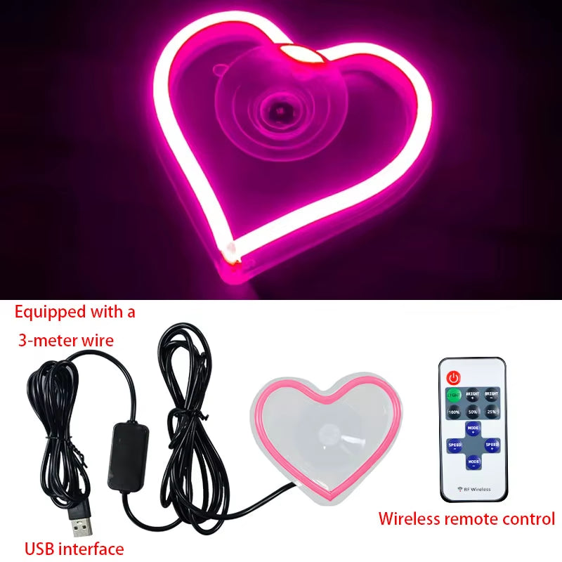 LED Car Interior Ambient Lighting with Remote Control - USB-Operated Heart-Shaped Neon Mood Lamp