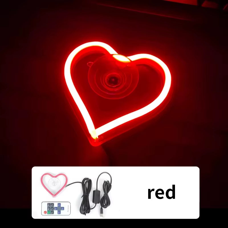 LED Car Interior Ambient Lighting with Remote Control - USB-Operated Heart-Shaped Neon Mood Lamp